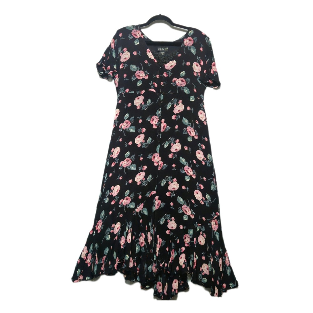 LOLA P Womens Midi Dress Medium Black Pink Floral Ruffle Hem 90s Y2K Cottagecore